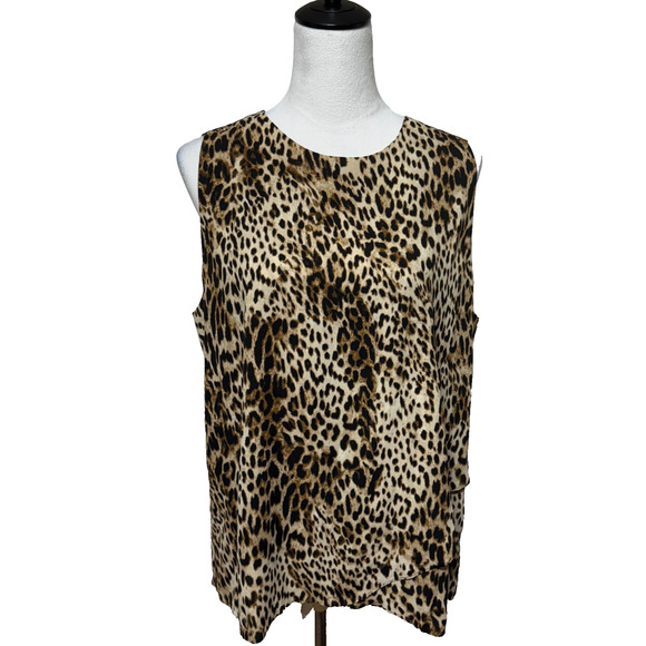 Chicos Tank Top Womens Large 2 Sleeveless Black Tan Leopard Animal Print Hi Low - Picture 1 of 9